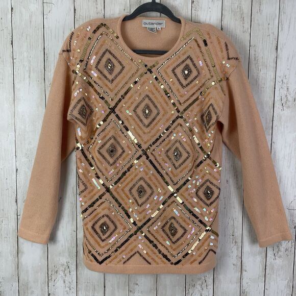 Vtg Outlander Sweater Sz L Wool Angora Blend Sequin Beaded Peach - Golden Girls - Picture 1 of 10